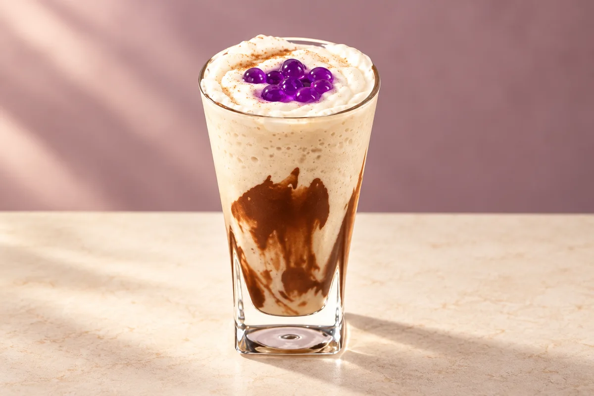 Frappé de café con maracuyá y perlas de blueberry