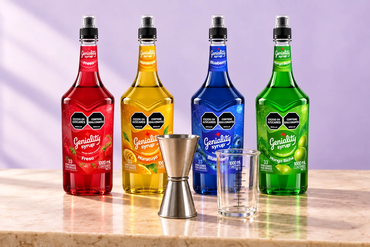 Siropes Geniality con sus envases actuales y medidores para preparar bebidas