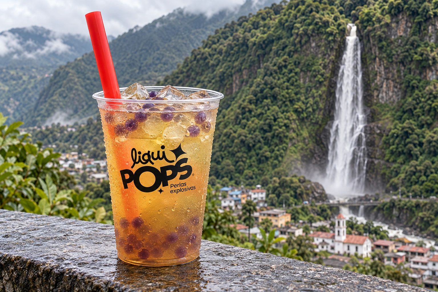 Preparación Bubble tea frutal de lychee y blueberry en vaso con logo LiquiPops impreso, escena ilustrativa de Baños de Agua Santa.