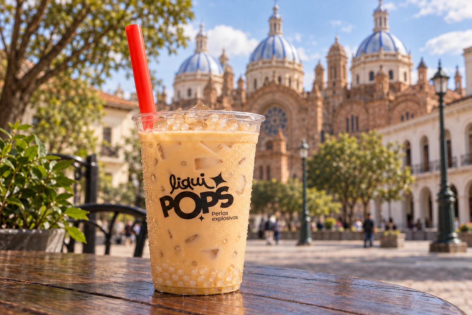 Preparación Bubble tea de té negro con perlas de coco en vaso con logo LiquiPops impreso, escena ilustrativa de Cuenca.