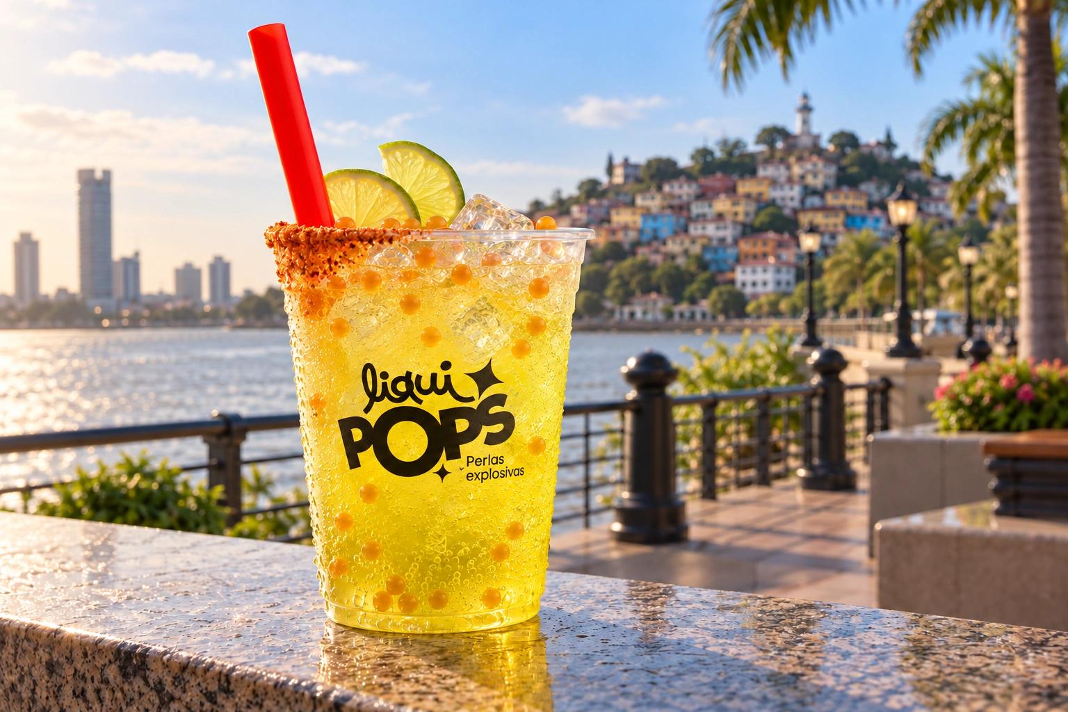 Preparación Soda de mango biche con perlas Chamoy en vaso con logo LiquiPops impreso, escena ilustrativa de Guayaquil.