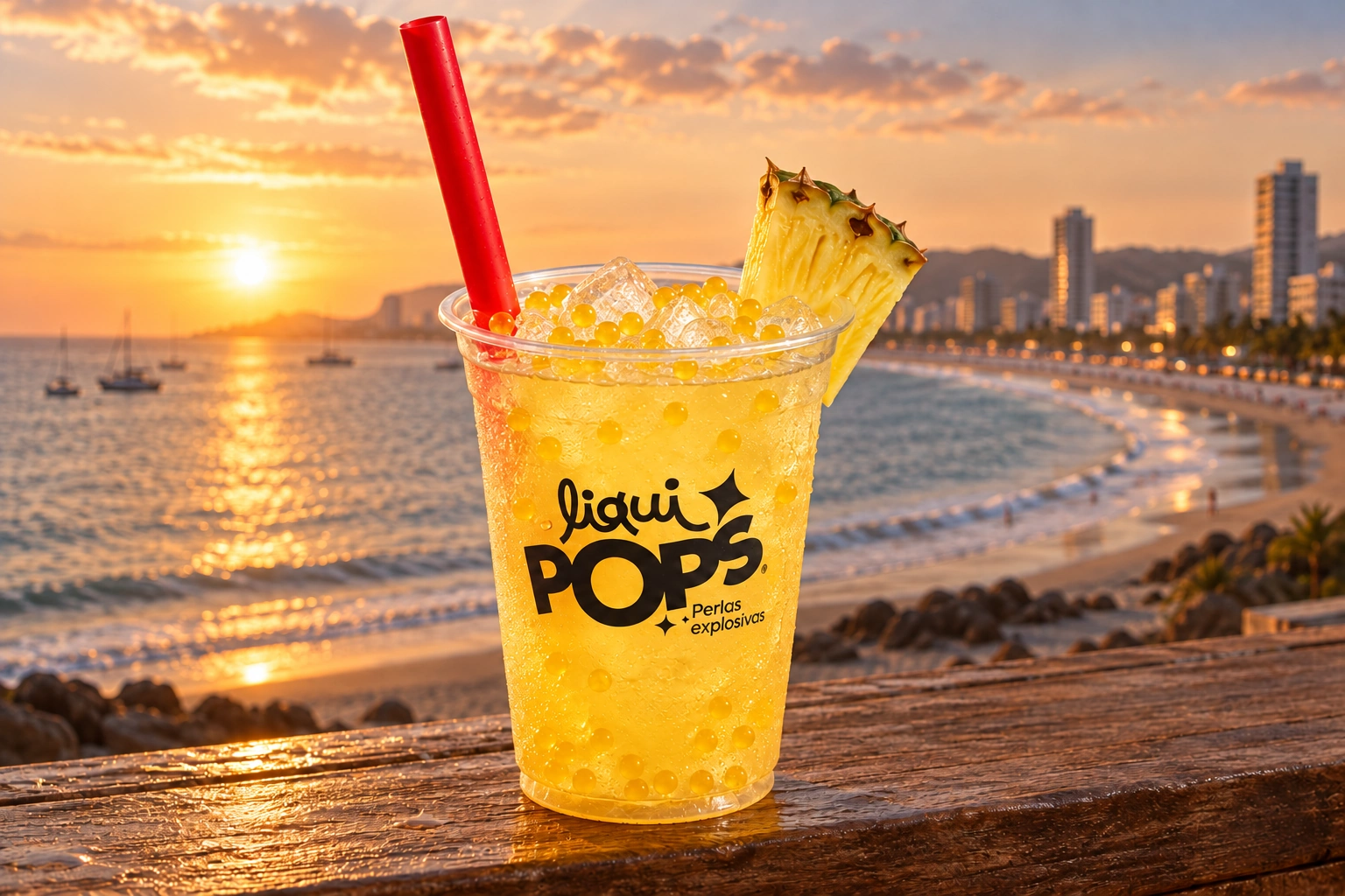 Preparación Cóctel de piña, agua de coco y perlas de maracuyá en vaso con logo LiquiPops impreso, escena ilustrativa de Manta.