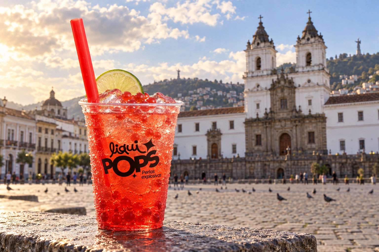 Preparación Soda de granadina y perlas de fresa en vaso con logo LiquiPops impreso, escena ilustrativa de Quito.