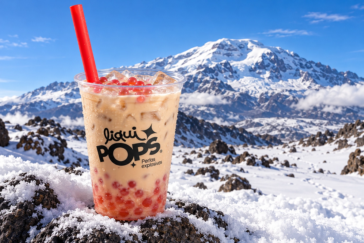 Bubble tea frío de té negro y leche con perlas rojas de fresa en vaso LiquiPops, junto a nieve y roca con el Chimborazo al fondo.