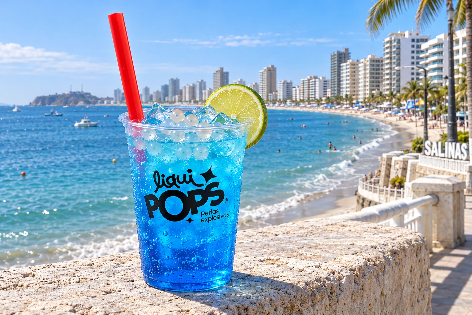 Soda azul de curazao con perlas claras de lychee y una rueda de lima en vaso LiquiPops, con la playa y el malecón de Salinas al fondo.