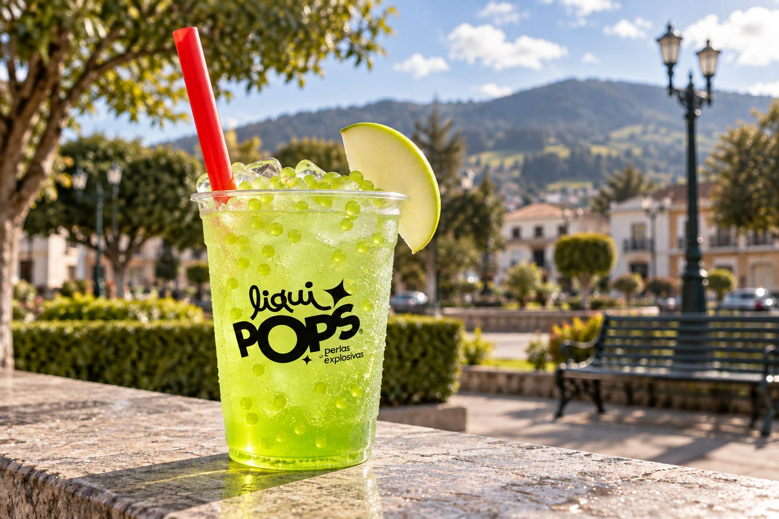 Preparación Soda de manzana verde con perlas LiquiPops en vaso con logo LiquiPops impreso, escena ilustrativa de Tulcán.