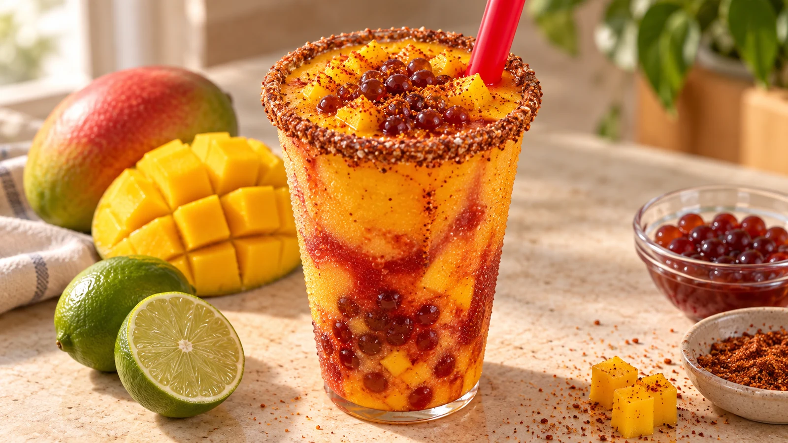Presentación ilustrativa: Mangonada de mango con perlas de chamoy
