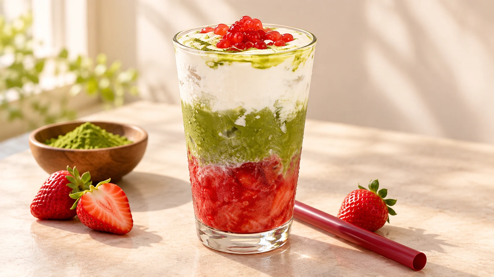 Presentación ilustrativa: Matcha con fresas, crema y perlas