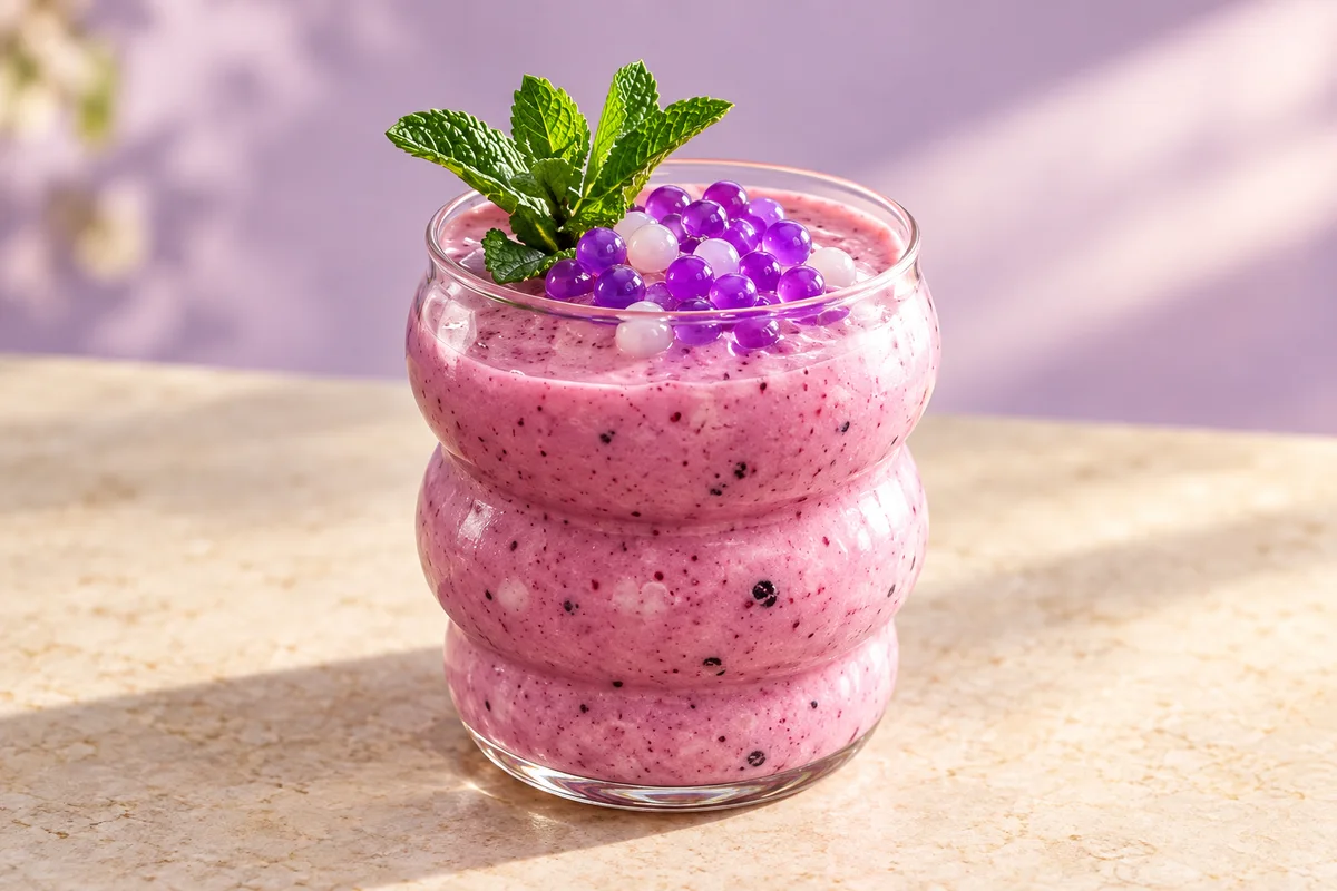 Presentación ilustrativa: Smoothie de frutos rojos con perlas explosivas