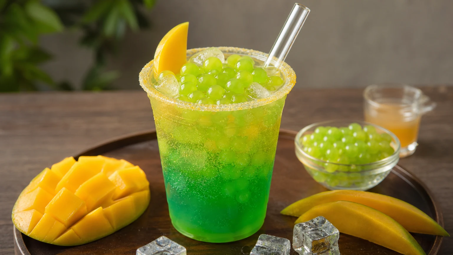 Presentación ilustrativa: Soda Premium de Mango Biche con Perlas LiquiPops
