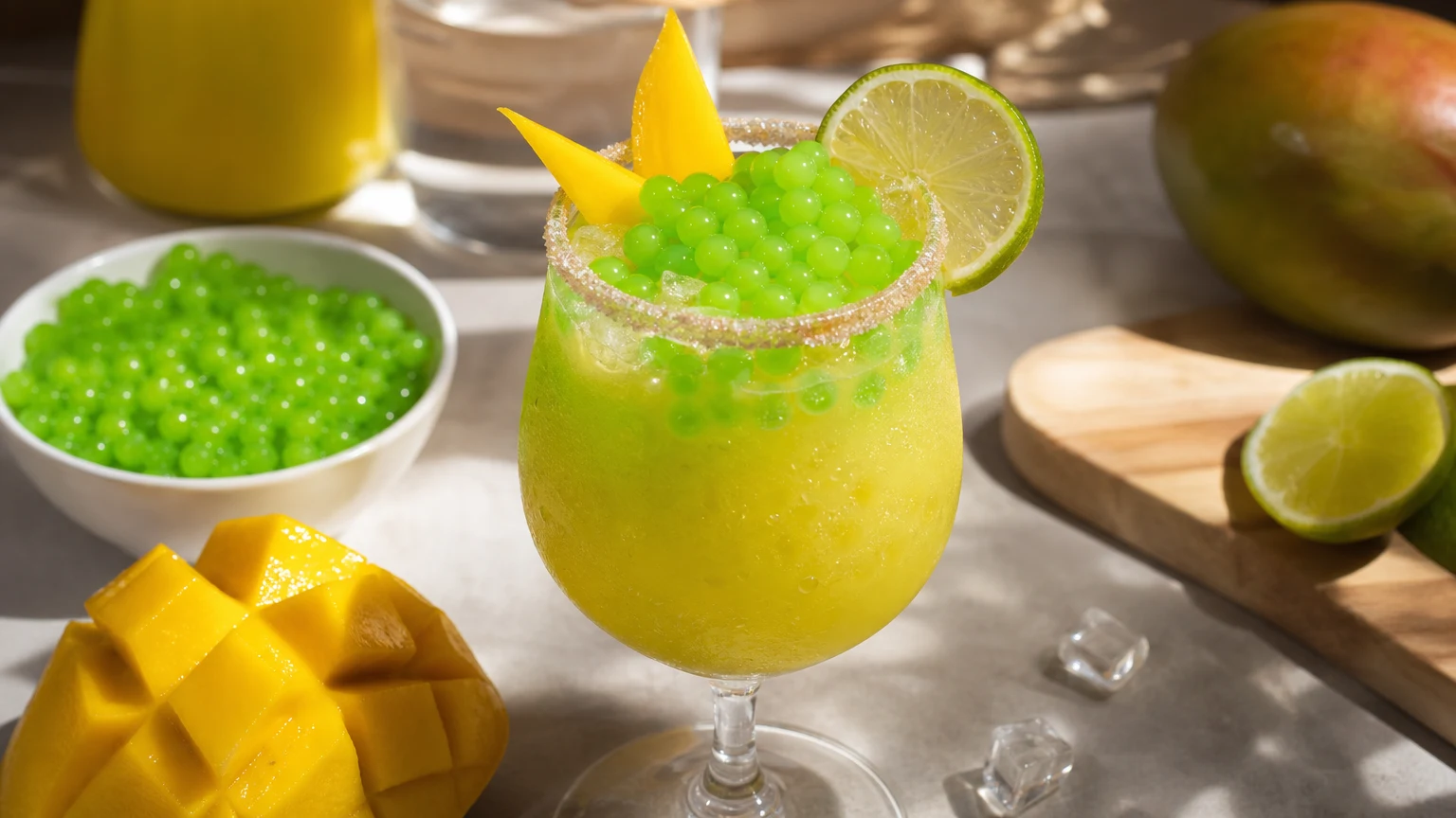 Presentación ilustrativa: Limonada de Mango Biche con Perlas Explosivas