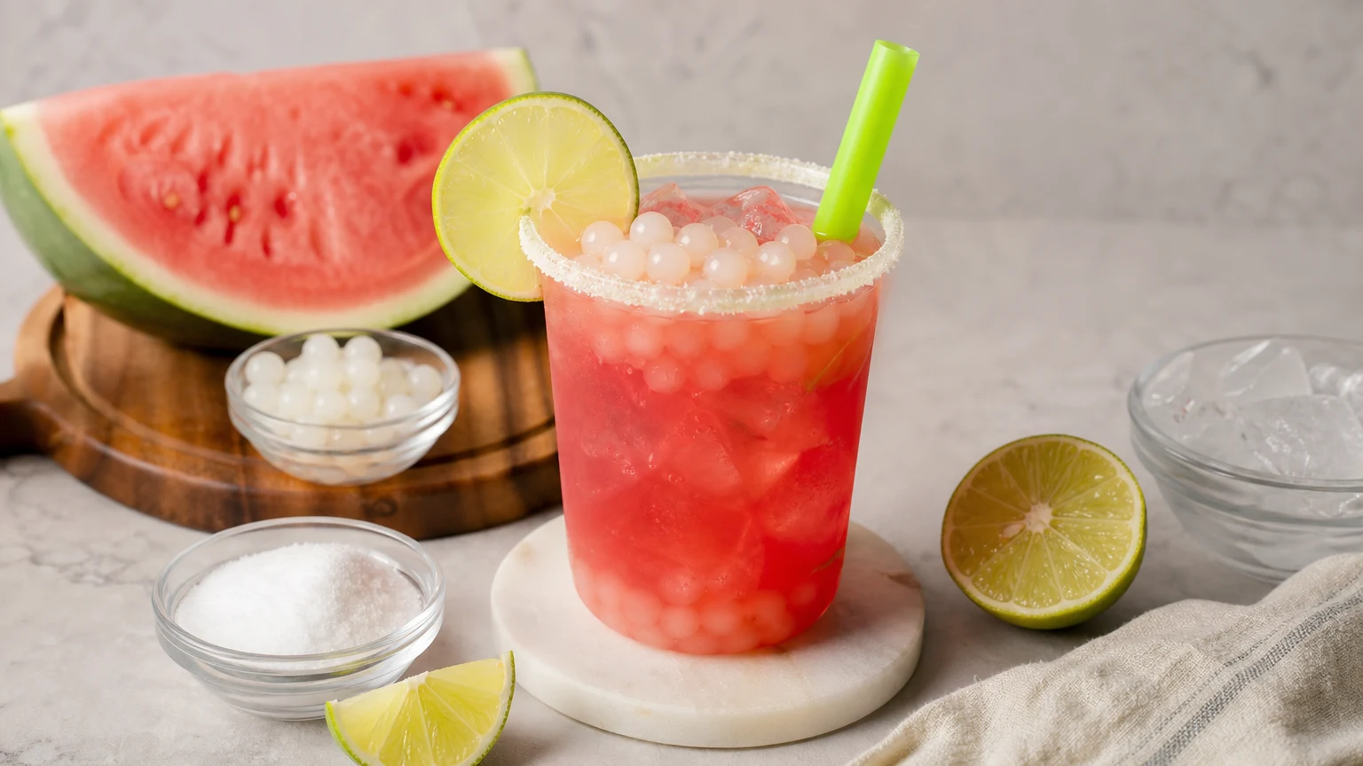 Presentación ilustrativa: Soda Michelada de Sandía con Perlas Explosivas de Coco